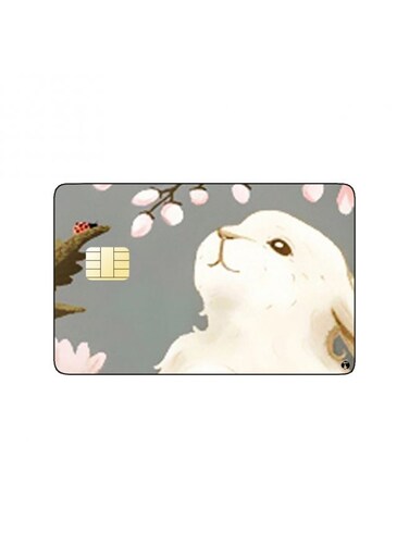 PRINTED BANK CARD STICKER Cute White Rabbit Drawing With Roses