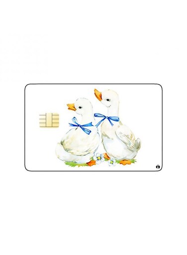 PRINTED BANK CARD STICKER Cute White Ducks Drawing With Blue Bow