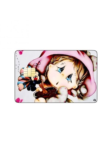 PRINTED BANK CARD STICKER Cute Girl Drawing With Roses