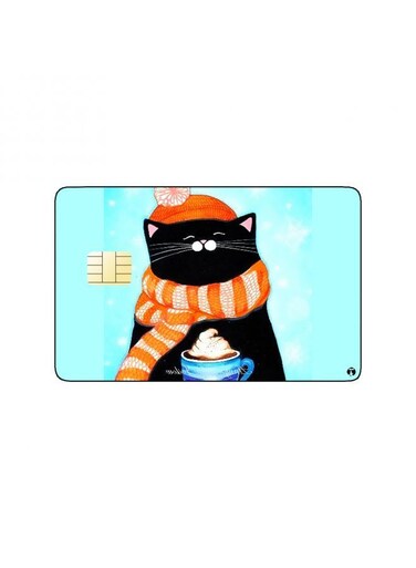 PRINTED BANK CARD STICKER Cute Balck Cat Drawing With Scarf