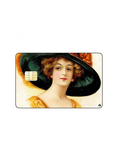PRINTED BANK CARD STICKER Beautiful Woman Vintage Art With Hat