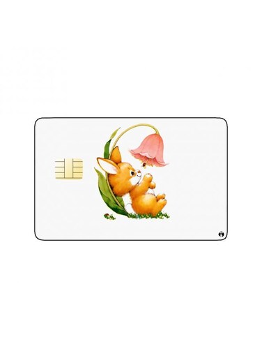 PRINTED BANK CARD STICKER Cute Rabbit Drawing With Pink Flower