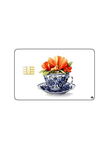 PRINTED BANK CARD STICKER Beautiful Orange Roses Drawing In Tea Cup