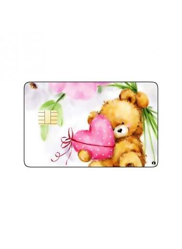 PRINTED BANK CARD STICKER Cute Teddy Bear Drawing With Heart And Roses
