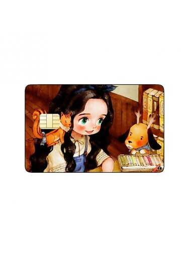 PRINTED BANK CARD STICKER Cute Girl Drawing With Pets