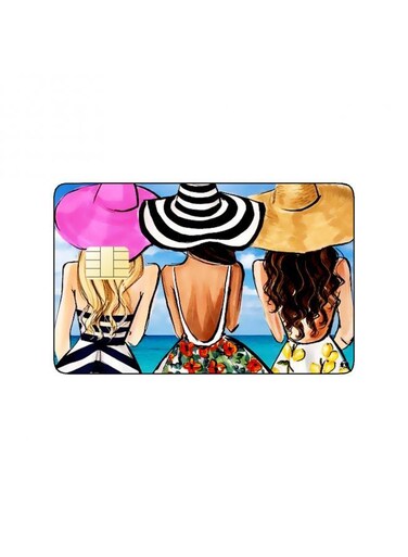 PRINTED BANK CARD STICKER Beautiful Women Drawing With Hats By The Sea