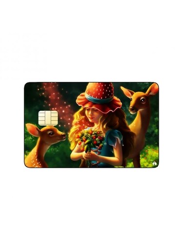 PRINTED BANK CARD STICKER Cute Girl Drawing With Reindeers