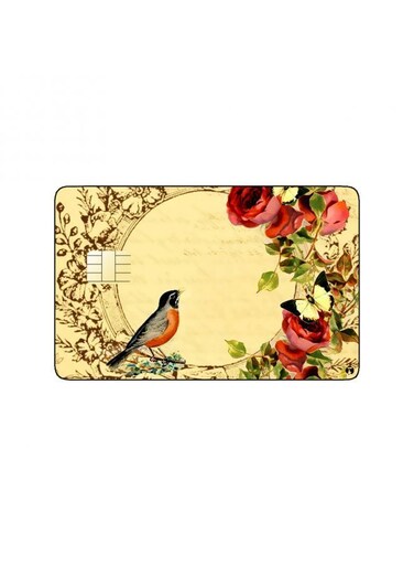 PRINTED BANK CARD STICKER Beautiful Bird Drawing With Flowers