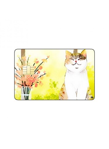 PRINTED BANK CARD STICKER Cute Cat Drawing With Plants