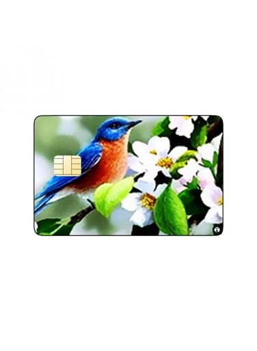 PRINTED BANK CARD STICKER Beautiful Blue Birds Drawing With White Roses