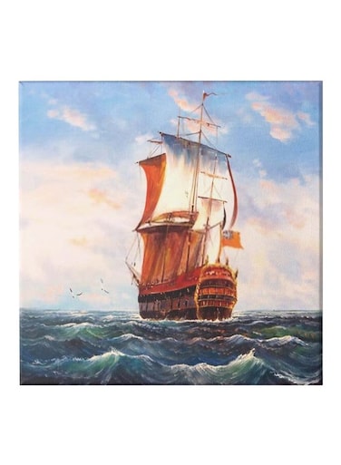 Ship Themed Canvas Wall Painting With Frame Blue/White/Orange 50x50cm
