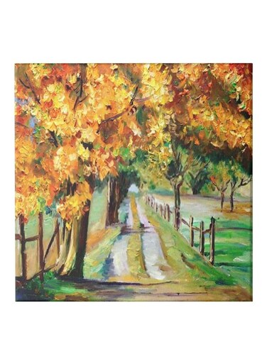 Road Themed Canvas Wall Painting With Frame Yellow/Green/Orange 50x50cm