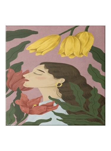 Girl With Flowers Themed Canvas Painting With Frame Green/Beige/Yellow 50x50cm