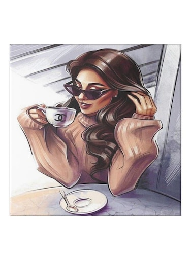 Girl Drinking Coffee Themed Canvas Painting With Frame Brown/Grey/White 50x50cm
