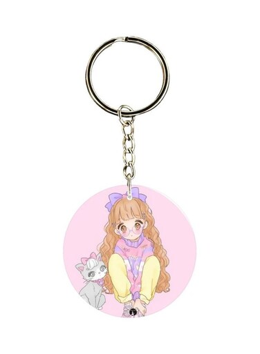 Girl And Cat Printed Double Sided Keychain