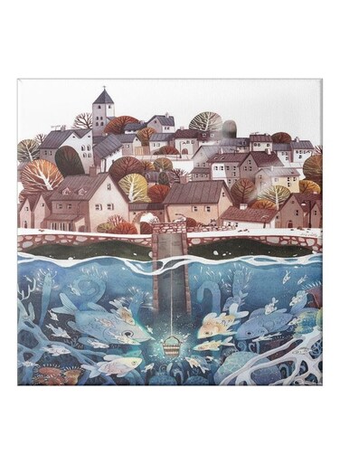 City And Sea Themed Canvas Painting With Frame Blue/Brown/Beige 50x50cm