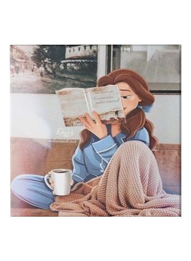 Girl And Coffee Cup Themed Canvas Painting With Frame Brown/Blue/White 50x50centimeter