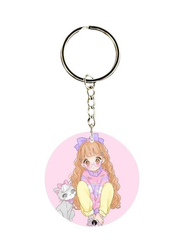 Girl And Cat Printed Keychain