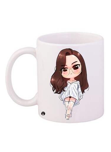 Cartoon Girl Printed Coffee Mug White/Beige/Brown 11ounce