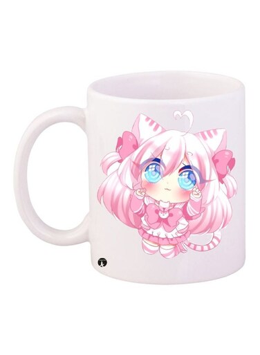Cartoon Girl Printed Coffee Mug White/Pink/Beige 11ounce
