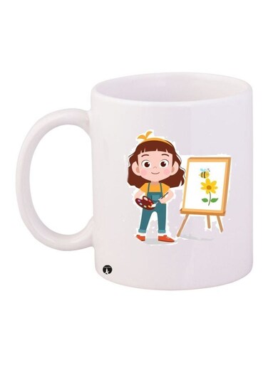 Cartoon Girl Themed Coffee Mug White/Brown/Blue 11ounce