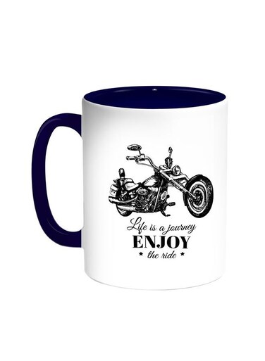 Motorcycle Printed Coffee Mug Blue White 11 ounce