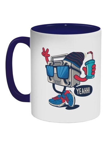 Cassette Recorder Printed Ceramic Coffee Mug Dark Blue/White/Grey 11ounce
