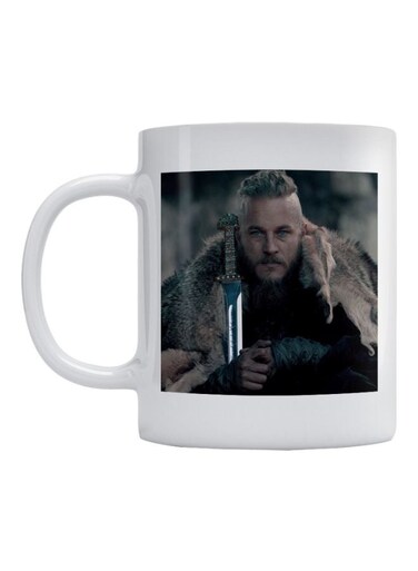 Vikings Ragnar Lodbrok Printed Ceramic Mug White/Black/Beige 350ml