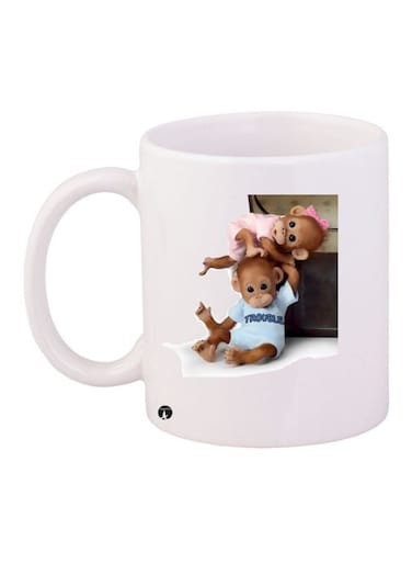 Monkey Printed Coffee Mug White/Brown/Blue 11ounce