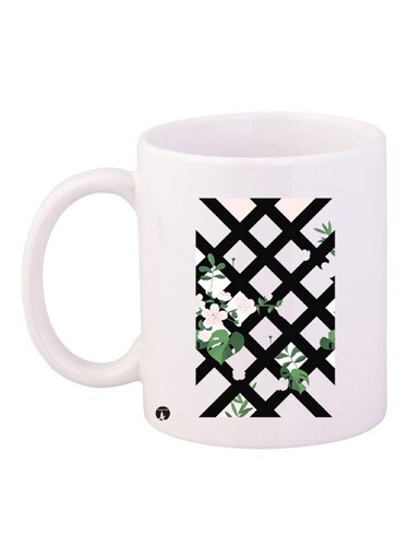 Floral Printed Coffee Mug White/Black/Green 11ounce
