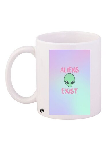 Aliens Exist Printed Coffee Mug White/Purple/Green 11ounce