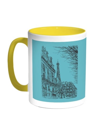 Drawing Of Paris Printed Coffee Mug Blue/White/Yellow 11ounce