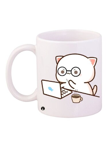 Cartoon Cat Printed Coffee Mug White/Brown/Blue 11ounce