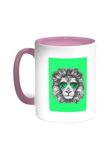 A Lion Wearing Glasses Printed Coffee Mug Pink/White 11ounce
