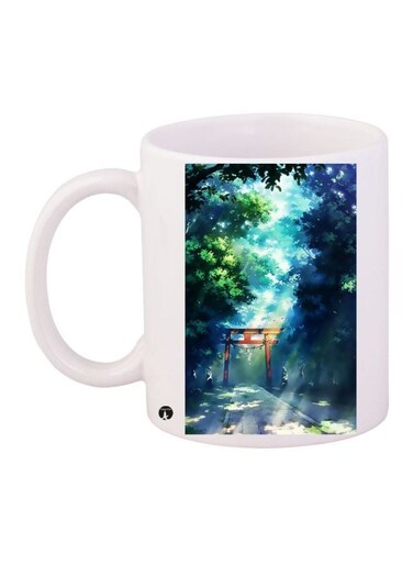 Chinese Gate Printed Coffee Mug White/Black/Green 11ounce