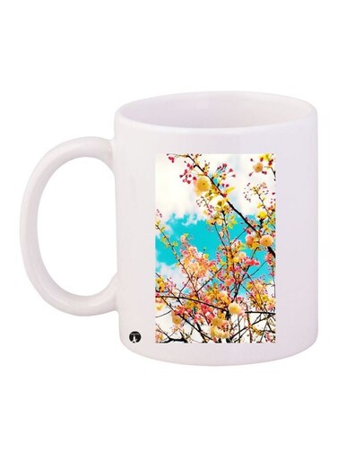 Flower Printed Coffee Mug White/Blue/Yellow 11ounce
