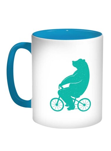 Bear Driving A Bicycle Printed Coffee Mug Turquoise/Blue/White