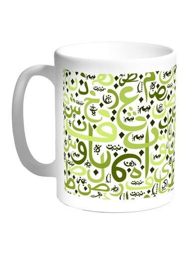 Arabic Letters Printed Coffee Mug White/Green 11ounce