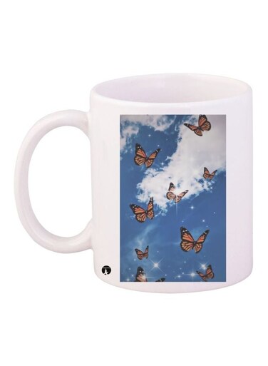 Butterfly Printed Coffee Mug White/Blue/Beige 11ounce