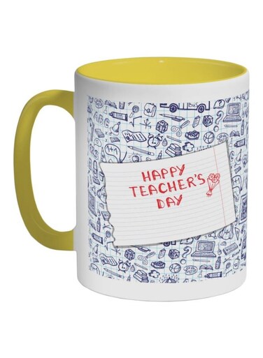 Happy Teacher's Day Printed Coffee Mug Yellow/Blue/White 325ml