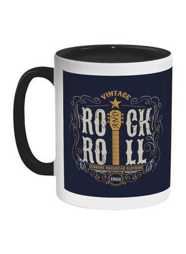 Rock And Roll Printed Coffee Mug Black/Blue/White 325ml