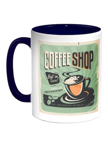 Old Coffee Shop Printed Coffee Mug Dark Blue/White/Green 11ounce
