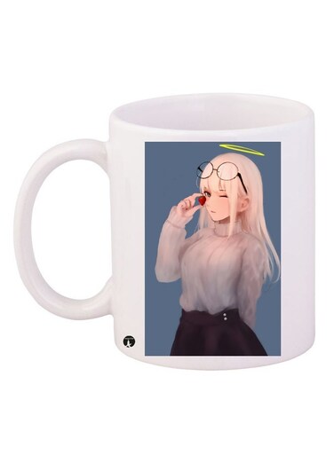Girl Printed Ceramic Coffee Mug White/Blue/Beige 11ounce