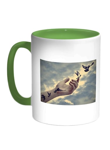 Freedom Of Birds Printed Coffee Mug White/Green/Blue 11ounce
