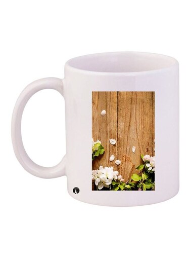 Flower Printed Ceramic Coffee Mug White/Brown/Green 11ounce