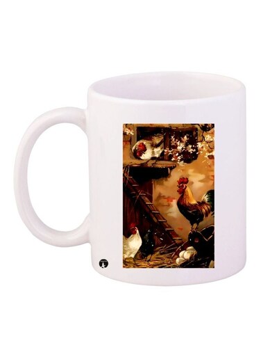 Hen Printed Coffee Mug White/Brown/Red 11ounce