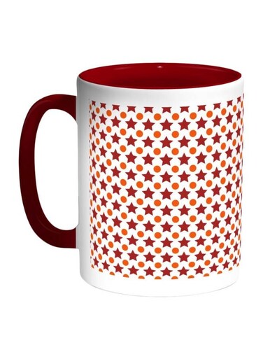 Star And Circle Motif Printed Coffee Mug White/Red/Orange 11ounce