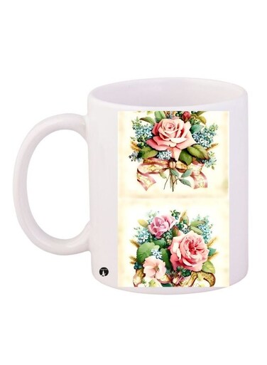 Rose Printed Coffee Mug White/Green/Pink 11ounce