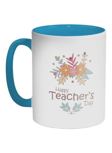 Happy Teachers Day Printed Coffee Mug Blue/White/Orange 325ml