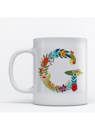 Floral Alphabet-G Printed Coffee Mug White/Green/Blue 9.2x7.7cm